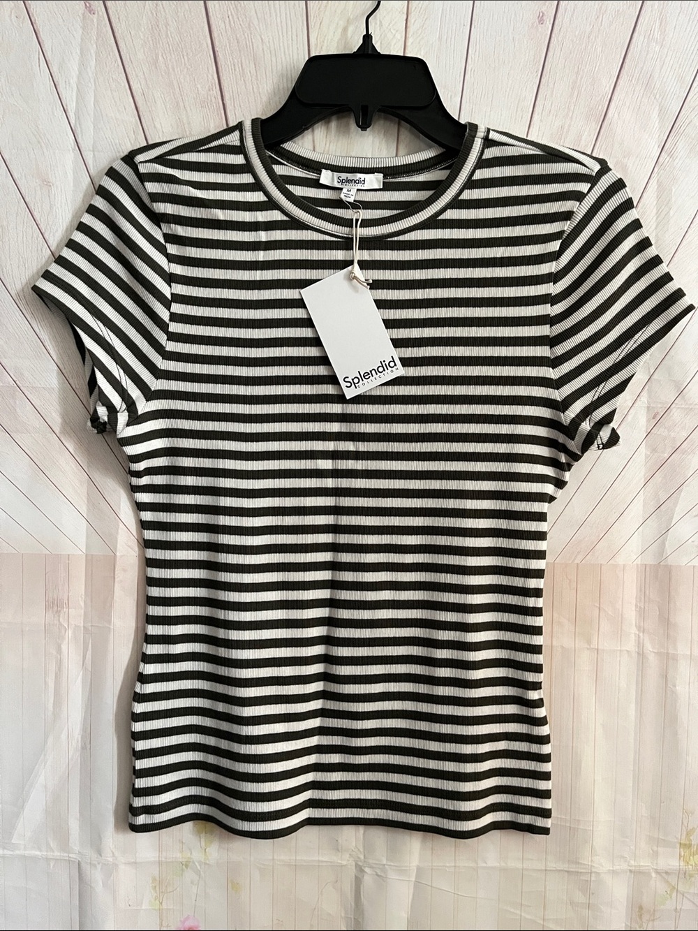 Splendid Olive & Beige Striped Crew Short Sleeve Tee
